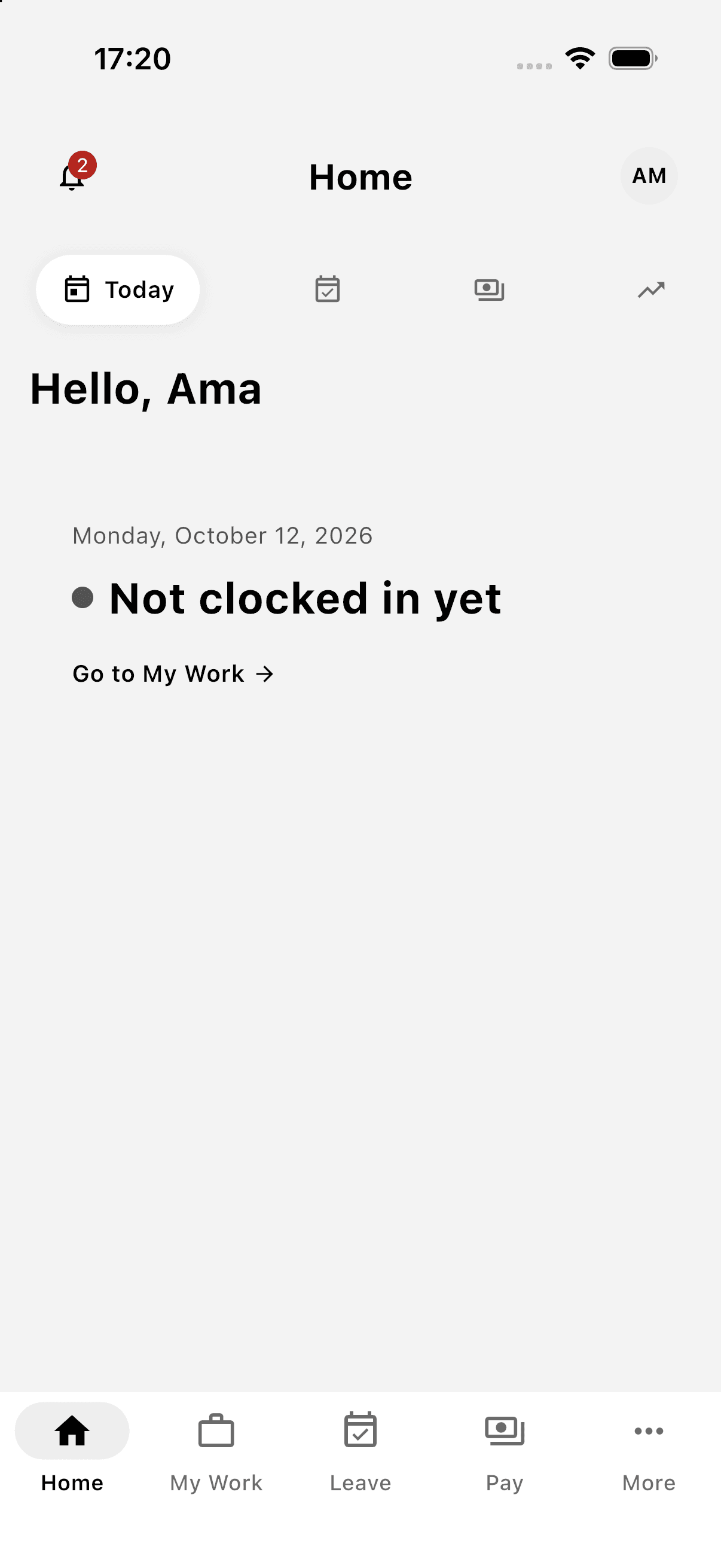 HR Ghana mobile app home screen, showing a greeting, today's clock-in status and bottom navigation for Home, My Work, Leave, Pay and More
