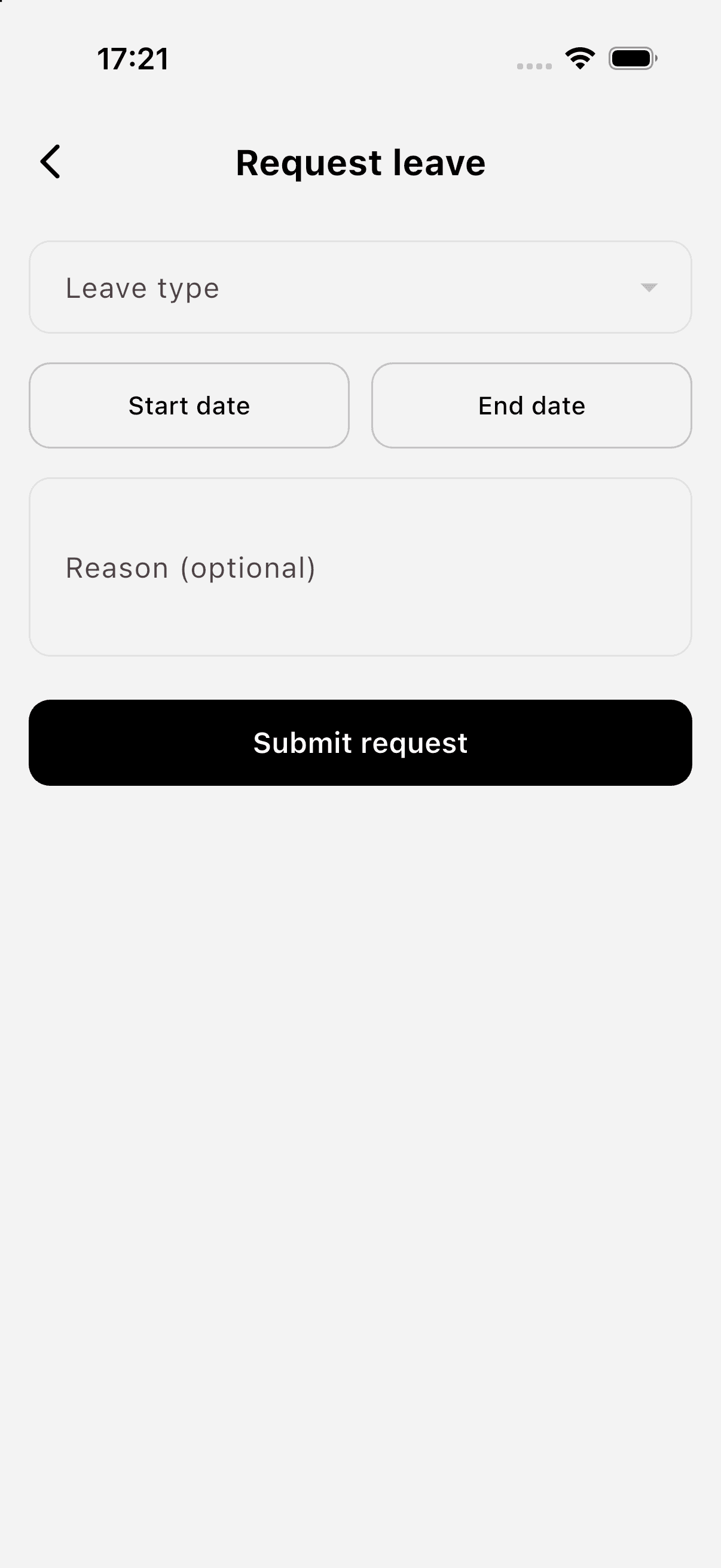 HR Ghana mobile app leave request form, with leave type, start and end date fields, an optional reason field and a submit request button