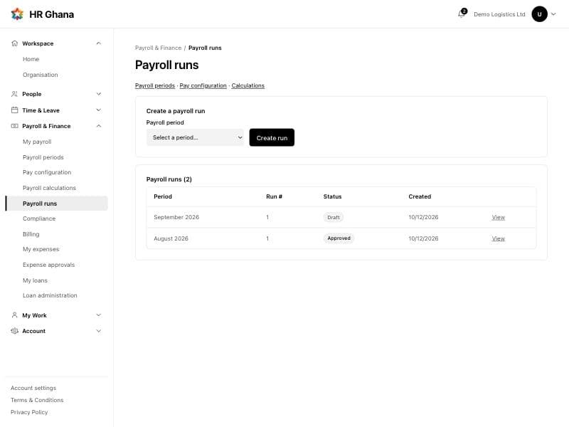 HR Ghana payroll runs screen, showing a draft and an approved monthly payroll run